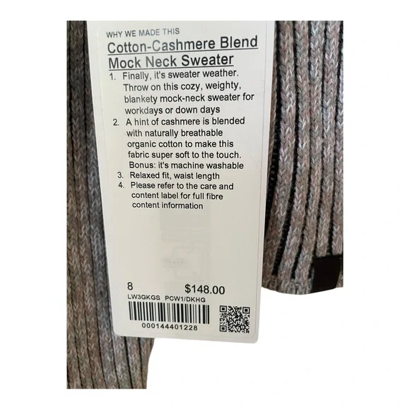 NWT Lululemon Cotton-Cashmere Blend Mock Neck Sweater Size 8